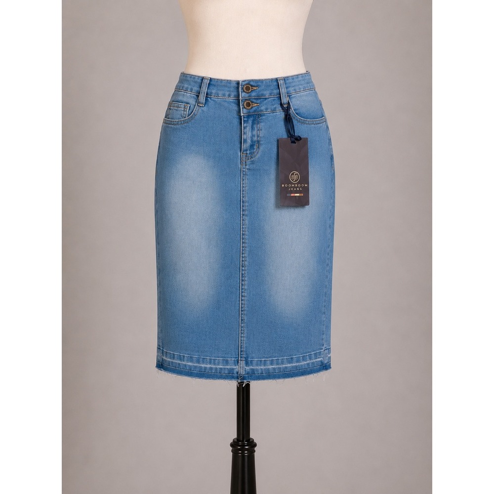 Light Wash Denim Pencil Skirt Frayed Hem Women's Sm/Med Boho Capsule Wardrobe